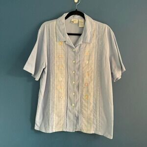 Vintage 90s Pastel Blouse Women's Size Petite XL Blue Koret Gingham Floral